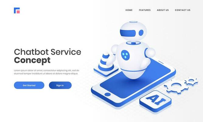 3D illustration of Android Robot on smartphone with AI chip for Chatbot Service concept based landing page design.