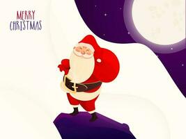 Merry Christmas greeting card design with illustration of santa claus lifting a heavy bag on full moon light abstract background. vector