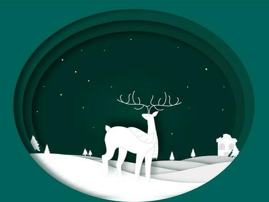 Paper Layer Cut Winter Landscape Background With A Reindeer Illustration In Teal Green And White Color.