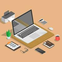 3D illustration of Smart Gadgets like as Laptop, smartphone, calculator, mouse, printer with book and clipboard on beige background. vector