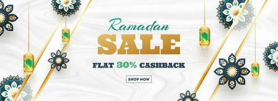 Ramadan Sale Flat 30 cashback Header or banner design. Decoration of beautiful flower and lantern on smooth wave texture white background. vector