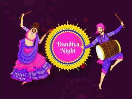 Illustration of woman dancing with dandiya stick and drummer playing drum on purple bokeh lighting background for Dandiya Night poster or banner design. vector