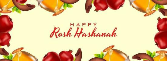 Happy Rosh Hashanah text on background decorated by dripper with honey jar, apples, pomegranates and shofar horn. vector