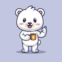 Cute polar bear drinking coffee cartoon vector icon illustration. animal drink icon concept isolated.