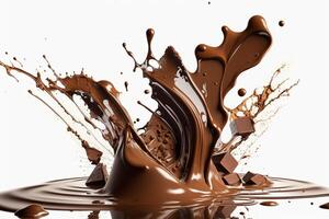 A delicious melting chocolate splash in a realistic style. Hot chocolate, cacao or coffee splash. Tasty chocolate liquid splash. Chocolate sauce crown splash. For chocolate day dessert by photo