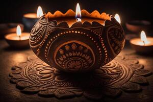 Happy diwali or deepavali traditional indian festival with clay diya oil lamp. Indian hindu festival of light symbol with candle and light. Clay diya lamp lit during diwali celebration by photo