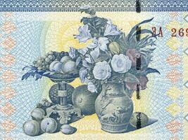 Fragment of a painting by I.Khrutskyi - Portrait of a wife with flowers and fruit - from money photo