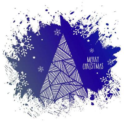 Xmas tree made by flower triangle shape pattern with blue brush stroke grunge effect on white background for Merry Christmas celebration.