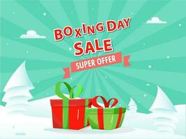 Sticker style Boxing Day Sale text with gift boxes and paper cut style xmas tree on snowy and green rays background. vector