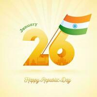 Happy Republic Day poster or template design with 3d 26 of January text and Indian Flag on yellow rays background. vector