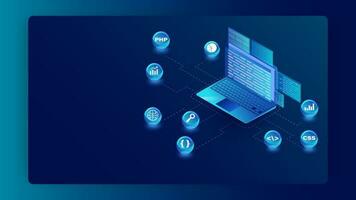 Isometric illustration of laptop with different programming languages symbol on blue background. Can be used as web banner design. vector