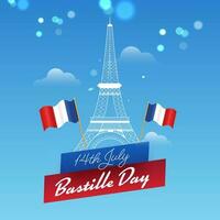 Line Art Eiffel Tower Monument with Wavy France Flags on Sky Blue Bokeh Background for 14th July, Bastille Day Concept. vector