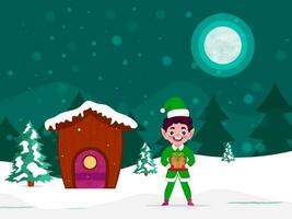 Cheerful Elf Character Holding a Gift Box with Snow Covered House on Full Moon Winter Landscape Background for Merry Christmas. vector