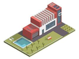 Isometric building with swimming pool and dining table along garden yard background. vector