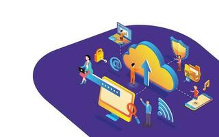 Cloud Storage Isometric illustration of analysts data on different devices and cloud server for Data center concept. Character of people working for manage data storage concept. vector