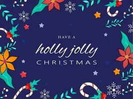 tener un acebo alegre Navidad póster diseño con flor, caramelo palos, santo bayas, copos de nieve, hojas y estrellas decorativo púrpura antecedentes. vector