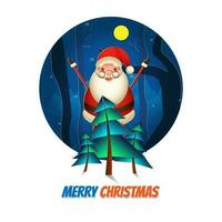 Cheerful santa claus raising hands up with paper cut xmas tree on full moon nature view background for Merry Christmas celebration. vector