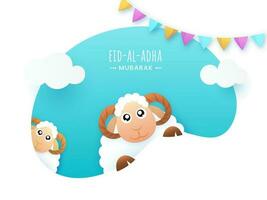 Eid al-Adha Mubarak concepto con dibujos animados dos oveja y verderón banderas decorado en papel cortar resumen antecedentes. vector