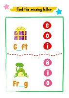 Find missing letters for kids activity vector