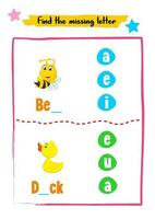 Find missing letters for kids activity vector