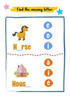 Find missing letters for kids activity vector