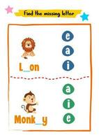 Find missing letters for kids activity vector