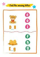 Find missing letters for kids activity vector