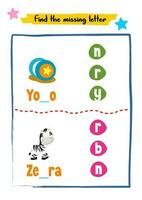 Find missing letters for kids activity vector