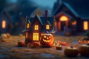 Scary pumpkin and house in night of full moon on halloween celebration concept. Spooky halloween background with pumpkin. Dirty house and pumpkin on halloween celebration concept by photo