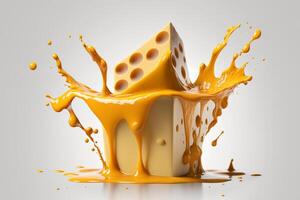 A delicious melting cheese splash in a realistic style. Hot cheese or cheddar splash. Tasty cheese liquid splash. Cheese sauce crown splash. For italian food, world cheese day, dessert by photo