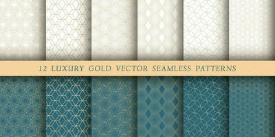 Set of 12 luxurious vector seamless patterns. Geometrical patterns on a white and emerald background. Modern illustrations for wallpapers, flyers, covers, banners, minimalistic ornaments, backgrounds.