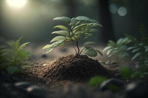 planta creciente en granja suelo o bosque con luz de sol a tiempo de día. joven planta es creciente. mundo tierra día. mundo ambiente día. tierra conservación, ecología o global calentamiento por ai generado foto