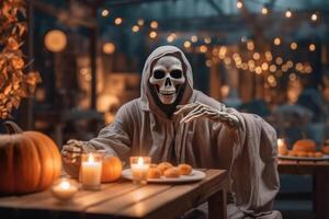 Human in spooky ghosts costume flying inside the old house or forest at night. Spooky halloween background with ghost. Ghost on halloween celebration concept by photo