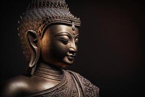 A thai buddha statue sits and meditating at buddhist temple. Ancient thailand buddha face. Background for vesak festival celebration. Vesak day concept. Vesak celebration day greetings by photo