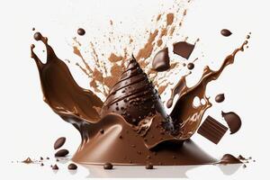 A delicious melting chocolate splash in a realistic style. Hot chocolate, cacao or coffee splash. Tasty chocolate liquid splash. Chocolate sauce crown splash. For chocolate day dessert by photo