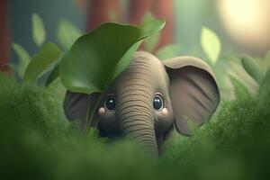 Playful little elephant hides behind lush jungle leaves photo