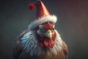 A chicken wearing a Christmas hat for the holiday season photo