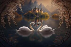 Two Swans Forming a Heart on a Chinese Lake with an Enchanting Island in the Background photo