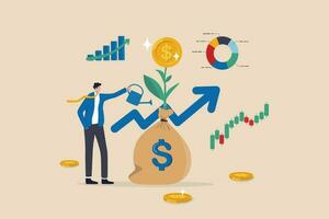 Investment growth, growing money to earn profit from savings, increase wealth from stock market or trading, mutual fund or assets concept, businessman watering grow money with rising financial chart. vector