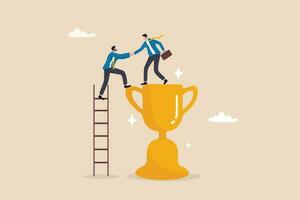 Partnership help success, support or mentor to assist to achieve goal and win together, teamwork, trust or leadership concept, businessman help colleagues to climb up ladder step on winning trophy. vector
