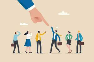 Choose candidate for job position, HR, human resources recruitment or hiring new employee, career opportunity or interview, talent or headhunter concept, businessman pointing at chosen candidate. vector