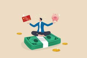 Financial discipline, saving money or investing strategy, routine or practice to invest or building wealth or pay off debt concept, ambitious man meditate on banknote with credit card and piggy bank. vector