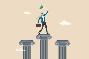 Pillars of success, foundation or support to achieve business target, challenge to be winner or rules of success, stable and strong leadership concept, businessman holding winning flag on pillars. vector