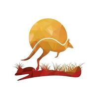 Kangaroo jumping logo template vector illustration with sun icon and running on grass golden pattern colors.