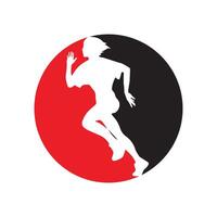 Running woman side view. vector illustration. inside the shape of circle red and black color.