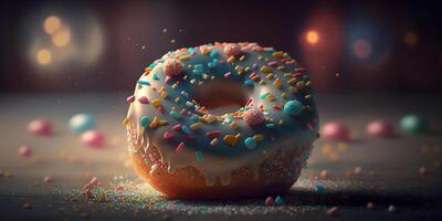 Close-up Illustration of Single Donut with Bokeh Background photo