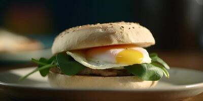 Avocado, Spinach and Fried Egg Sandwich on a Fresh Brioche Bun photo