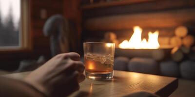 acogedor noche en un de madera cabina con un calentar bebida por el fuego ai generado foto