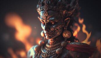 retrato de agni, el indio Dios de fuego, rodeado por el llamas de su dominio ai generado foto