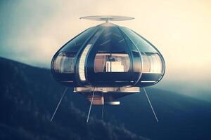 hacia el cielo vivo un conceptual ilustración de controlado por ia volador casas para futuro vivo ai generado foto